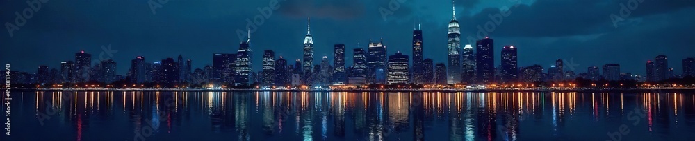 Obraz premium Dark city skyline at midnight, illuminated buildings and streets reflecting in dark water, serene night scene , blue, illuminated