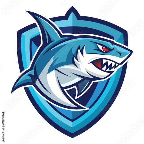 Unique sports logo featuring a fierce shark design on a blue shield background, symbolizing strength and competitiveness for a local sports team