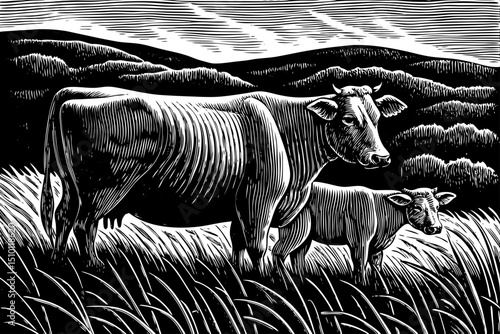 cow and calf. Farm animals, domestic cattle adult and young hand drawn black and white sketch outline