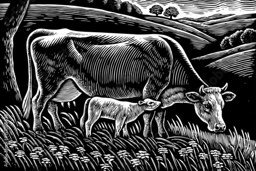 cow and calf. Farm animals, domestic cattle adult and young hand drawn black and white sketch outline