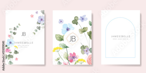 Elegant wedding invitation card background vector. Minimal hand painted watercolor botanical flowers texture template background. Design illustration for wedding, vip cover, poster, rsvp modern card.
