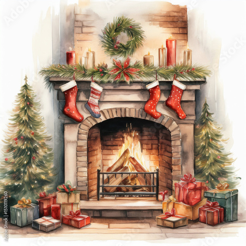 watercolor illustration of a cozy Christmas fireplace scene with gifts, stockings, and a festive tree,  

