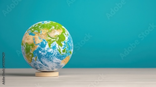 Pixelated Earth Globe on Wooden Base Against Teal Background