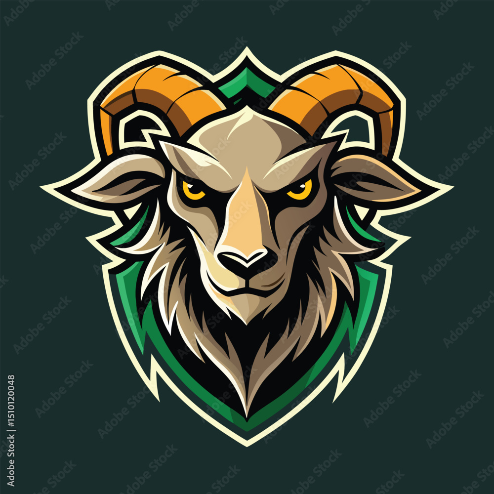 Stylized goat head mascot logo designed for esports apparel, showcasing aggressive features and dynamic colors to appeal to gamers and fans of competitive gaming Stylized goat head mascot logo designed for esports apparel, showcasing aggressive features and dynamic colors to appeal to gamers and fans of competitive gaming