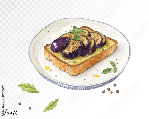 Artistic watercolor grilled eggplant toast with herbs, gourmet toppings, and rustic background in natural style. Vector illustration