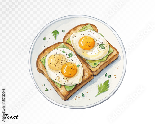 Toasts with fried eggs and green herbs painted in a cozy hand-drawn watercolor style, perfect for healthy breakfast visuals. Vector illustration