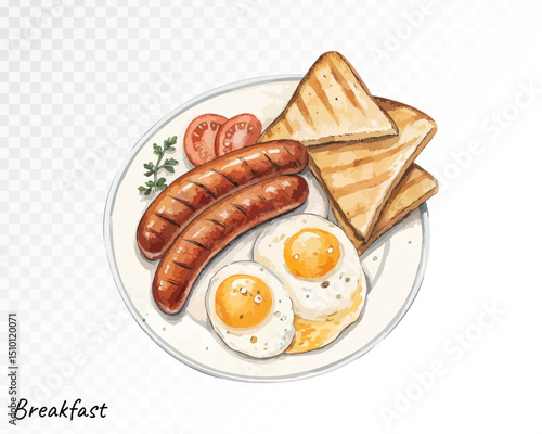 Traditional English breakfast with sausages, toast, and fried eggs painted in realistic watercolor style for morning food themes. Vector illustration