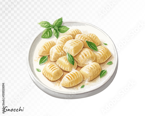 Gnocchi pasta with herbs and cheese on a plate, hand-painted in watercolor for a traditional homemade Italian cuisine look. Vector illustration