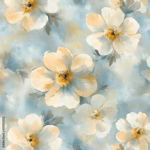Seamless Watercolor Floral Pattern with Yellow and Cream Flowers on Soft Blue Background