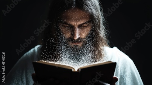 A man is reading a book with his face covered in dust