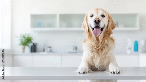 A dog is standing on a table in a kitchen