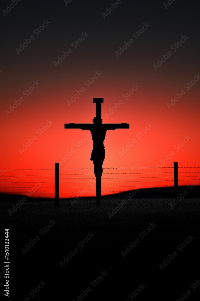 Fototapeta premium A silhouette of a man holding a cross is standing in front of a fence