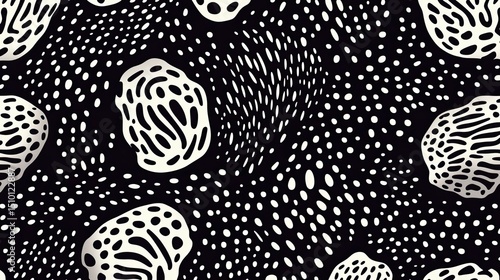 Abstract monochrome pattern of organic shapes and textures in seamless design