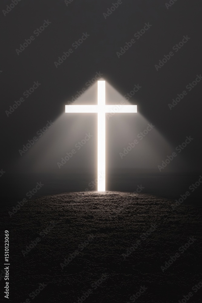 Naklejka premium A cross is lit up in the dark, creating a sense of hope and faith