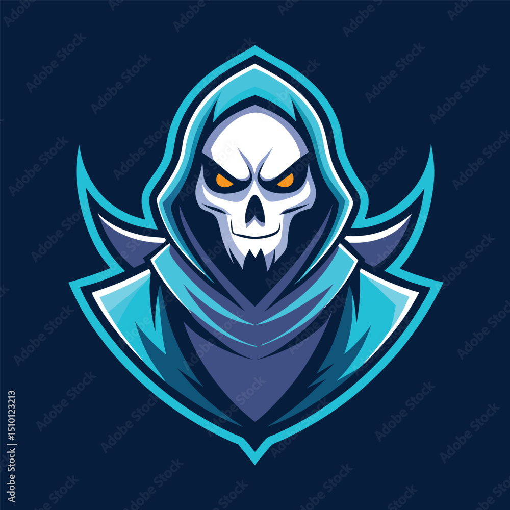 Ghost gaming mascot logo design featuring a dark, menacing figure in a hood, showcasing a skull with glowing eyes, ideal for esports teams or gaming brands Ghost gaming mascot logo design featuring a dark, menacing figure in a hood, showcasing a skull with glowing eyes, ideal for esports teams or gaming brands