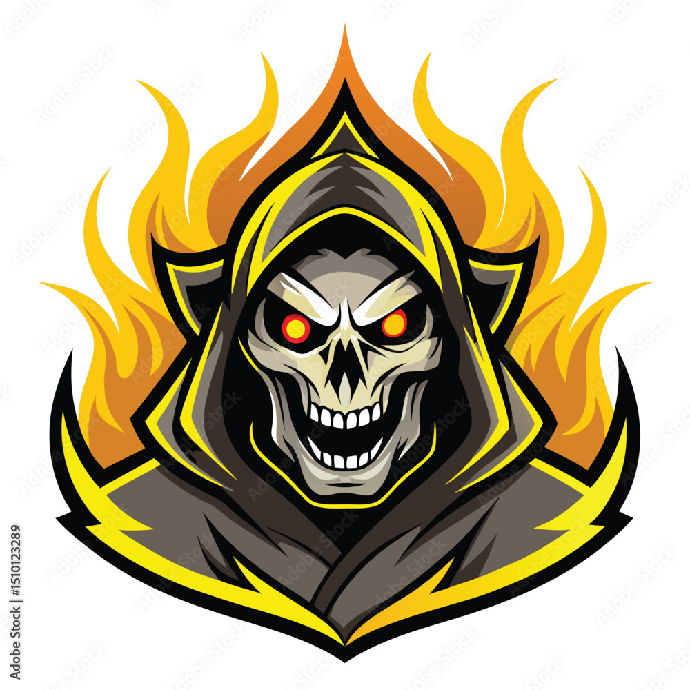 Grim mascot logo featuring yellow flames and a menacing skull design, perfect for gaming and team branding, illustrating intensity and excitement Grim mascot logo featuring yellow flames and a menacing skull design, perfect for gaming and team branding, illustrating intensity and excitement