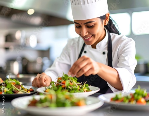 Chef preparing plates of salad