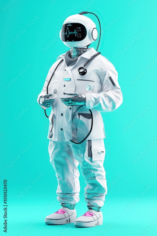 Naklejka premium A robot in a white suit is standing on a green background