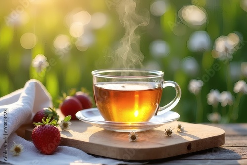 Refreshing Herbal Tea with Fresh Strawberries in Sunlight