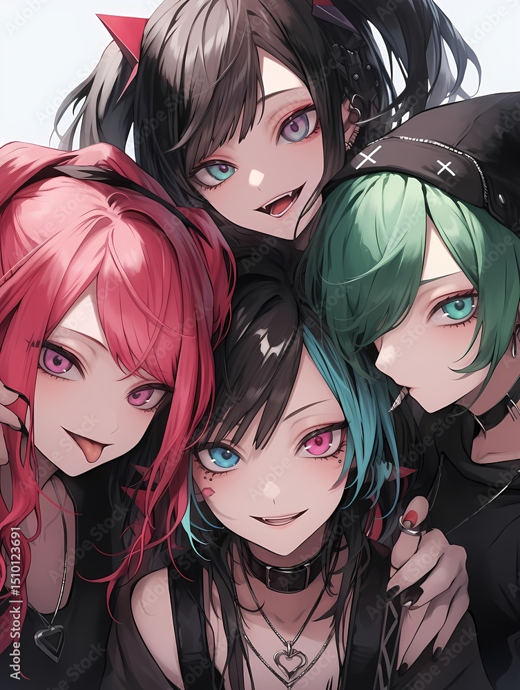 Naklejka premium Four girls with vibrant colorful hairstyles and outfits smiling directly at camera unique styles accessories.