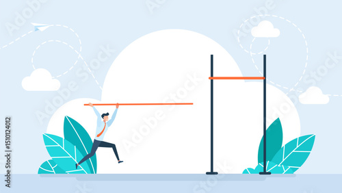 A man runs and accelerates with a pole vault and tries to gain height. Business goal achievement, success solving business problem or succeed survive on financial crisis concept. Vector illustration