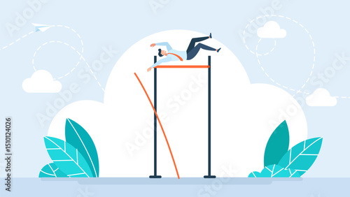 Man jumping use pole vault over target metaphor of exceeding the target. Business goal achievement, success solving business problem or succeed survive on financial crisis concept. Vector illustration