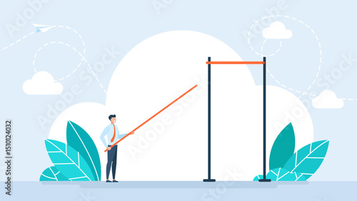 A man with a pole vault stands and looks at the height of the target. Business goal achievement, success solving business problem or succeed survive on financial crisis concept. Vector illustration