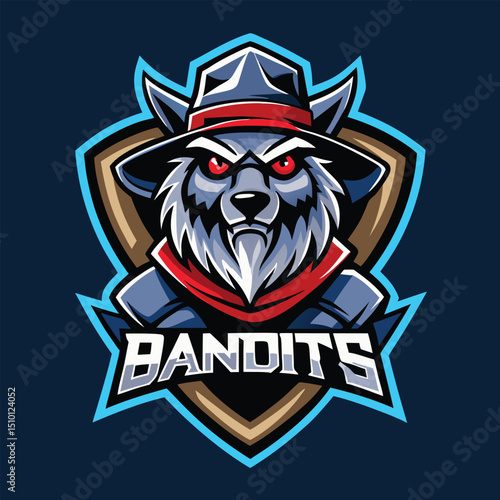 Bandits mascot logo design showcases a fierce bear wearing a hat and bandana with striking blue and red colors, perfect for a modern sports team or gaming brand