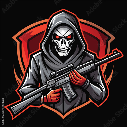 Grim reaper character brandishing an assault rifle in a dark, menacing environment for esports gaming design and illustration