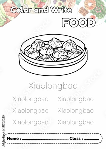A-Z Category Food, Dotted line letter writing XIAOLONGBAO and coloring, Alphabet trace and worksheet for kids.