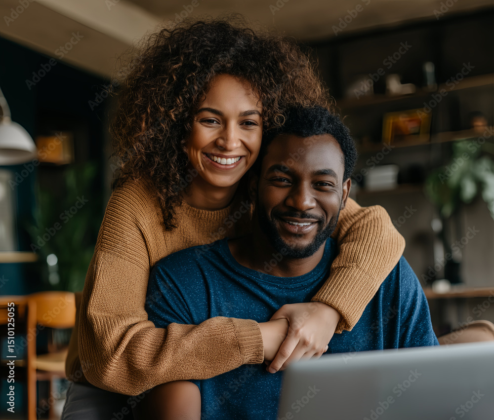 Happy African American couple enjoying cozy moment at home together Happy African American couple enjoying cozy moment at home together
