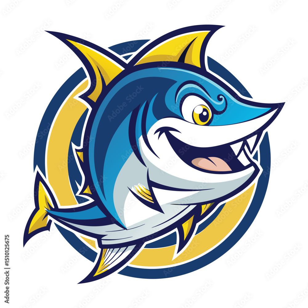 Fototapeta premium Creative mascot logo featuring a spirited yellowfin tuna designed for fishing enthusiasts and marine lovers, representing excitement and adventure in coastal activities