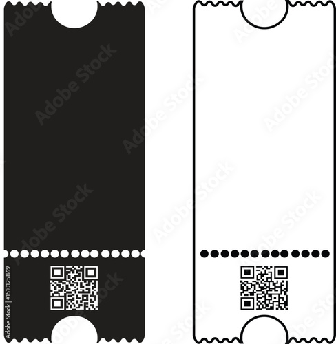 Set of ticket icons including cinema, concert, airline and event with QR code vectors illustration in black flat, outline styles. Perfect for travel apps, booking systems and entertainment ui mockups.
