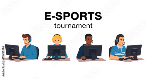 Flat vector illustration of a cyber e-sport tournament with competitive gamer teams in headsets playing multiplayer video games at computers during a professional digital championship.
