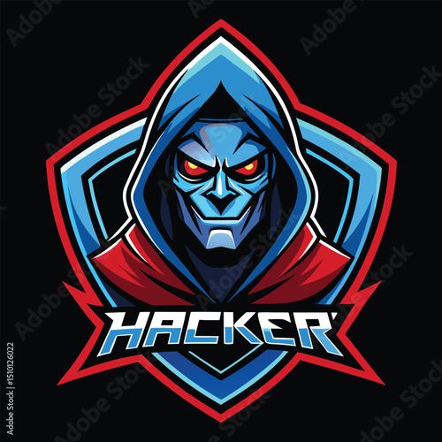 Hacker mascot logo designed for sports and esports teams, featuring a menacing figure in a hoodie with intense eyes and bold colors, embodying energy and competition in digital arenas
