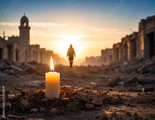 A solitary candle illuminates a ruined street at sunrise