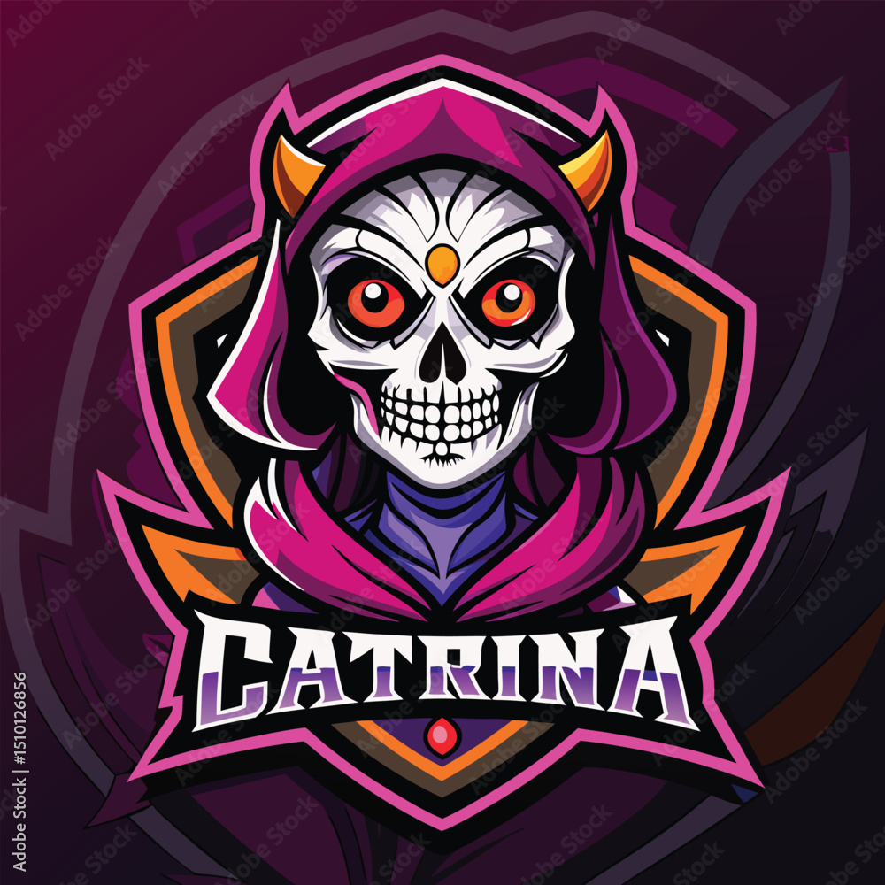 Fototapeta premium Catrina mascot logo designed for electronic sport featuring a skull with vibrant colors and a hood