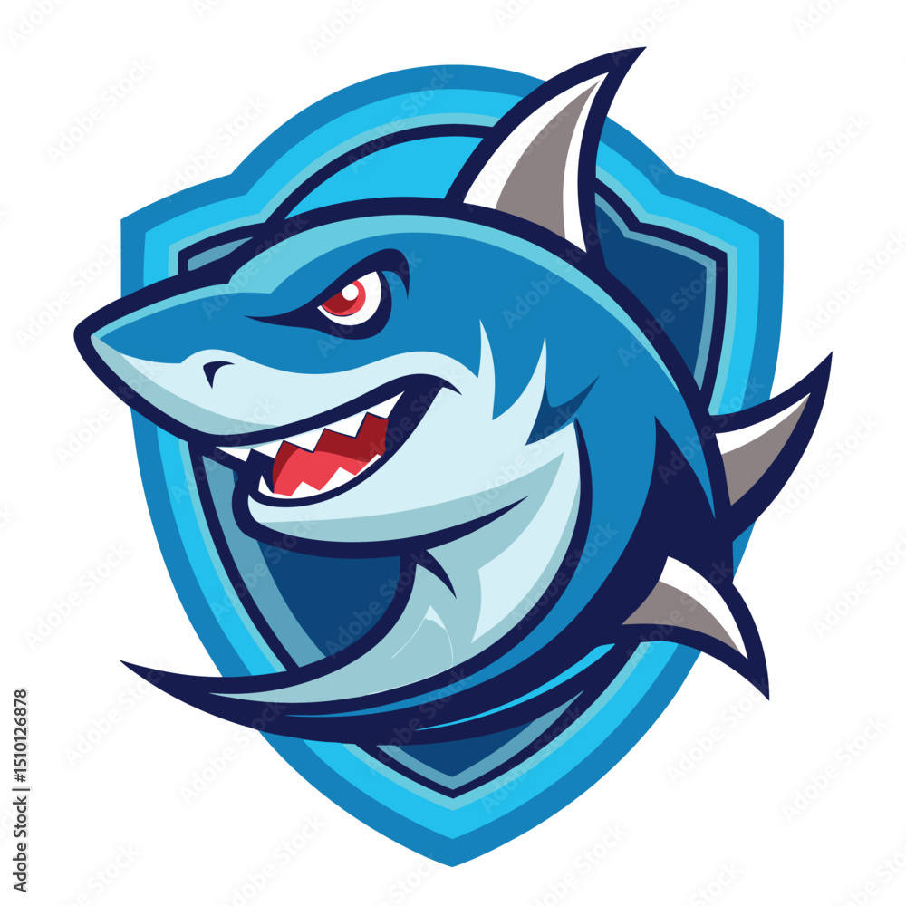 Fototapeta premium Shark logo design representing a competitive sports team in a vibrant color scheme with fierce expressions suitable for branding and merchandise