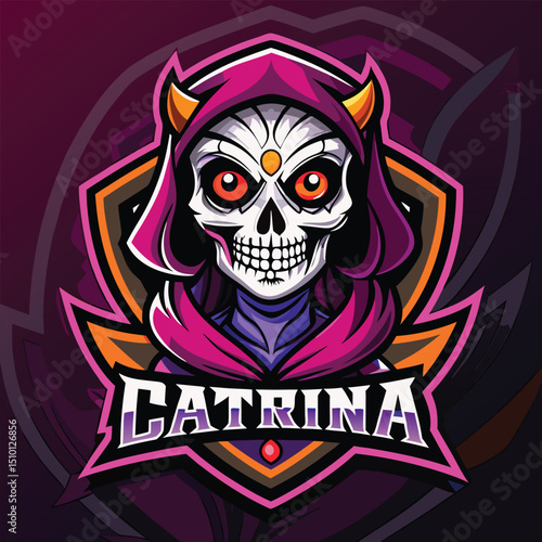 Catrina mascot logo designed for electronic sport featuring a skull with vibrant colors and a hood