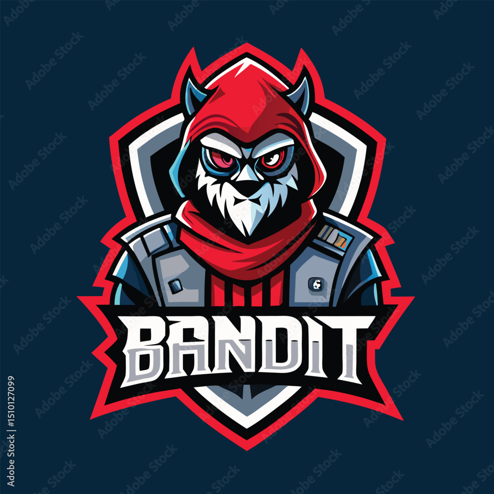 Fototapeta premium Unique bandit mascot logo design featuring a fierce character in a red hooded cloak with an intense expression, showcasing a modern esports vibe suitable for gaming teams or events