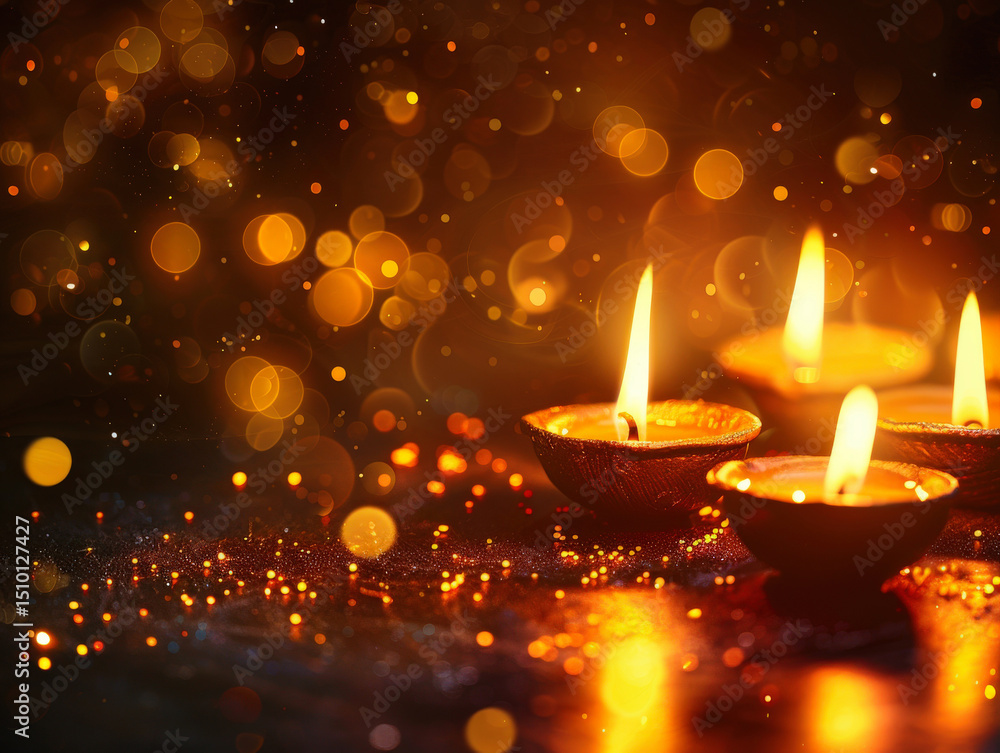 Small oil lamps with fire on dark background with bokeh and golden sparkles. Indian festival. Concept of happy Diwali. Copy space. Small oil lamps with fire on dark background with bokeh and golden sparkles. Indian festival. Concept of happy Diwali. Copy space.