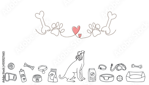 Heart, animal paw, bone in one line. Doodle icons of pet products in pet shop. Love concept. Hand drawn vector illustration on white background