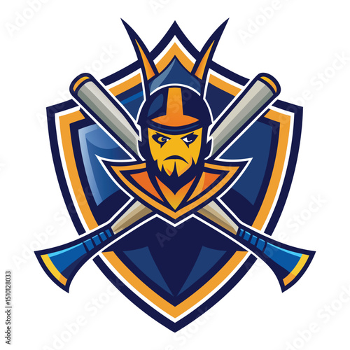 Cricket sport logo template design featuring a fierce warrior with crossed bats and a shield shape in vibrant colors