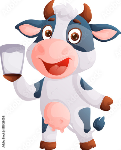 Cartoon Cow Holding Glass of Milk, Promoting Dairy Products Consumption, Fun and Cute.