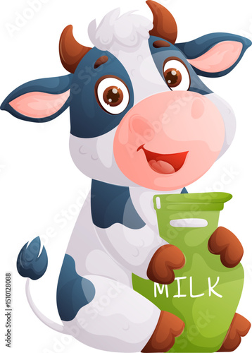 Cute Cartoon Cow Holding Milk Can Illustration, Happy Farm Animal, White Background.