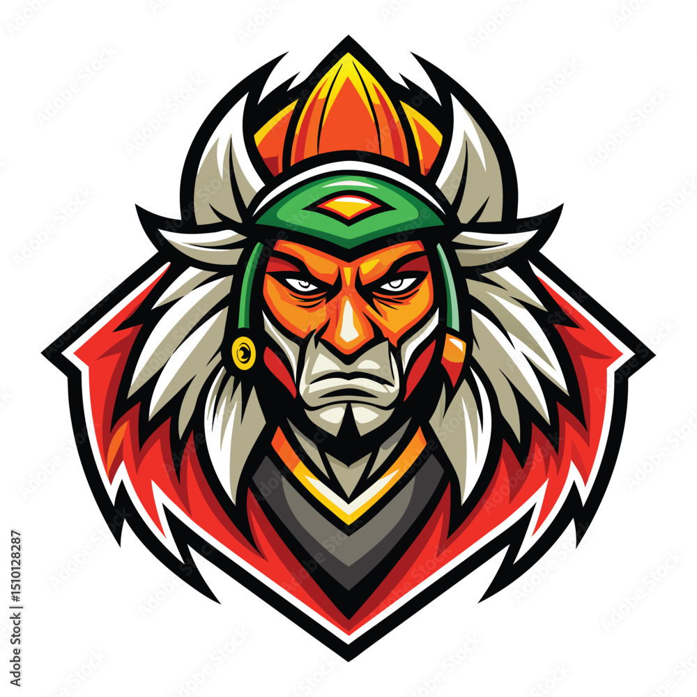 Fototapeta premium Colorful indian tribe mascot logo featuring a fierce warrior with distinctive headdress and strong facial features designed for sports teams or cultural events