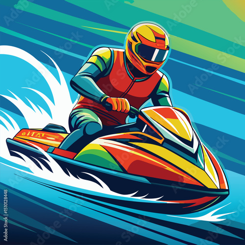 Extreme jetski racing illustration showcasing thrilling water sports action at high speed on a vibrant blue background