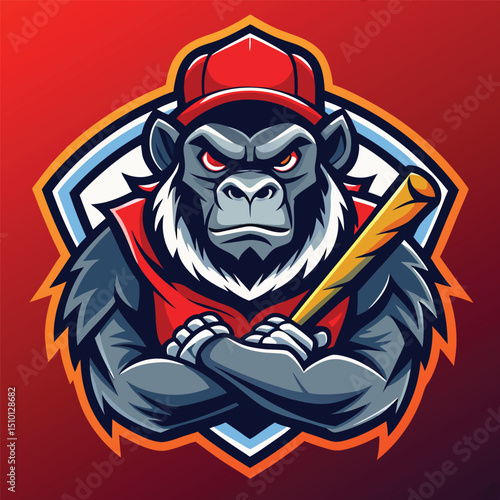 Gorilla mascot in baseball uniform brandishing a bat in an e-sport style for a dynamic and engaging sports logo concept
