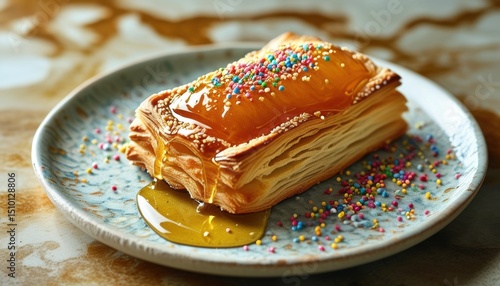 Golden honey drenched pastries with vibrant sprinkles on plate for culinary delight with copy space