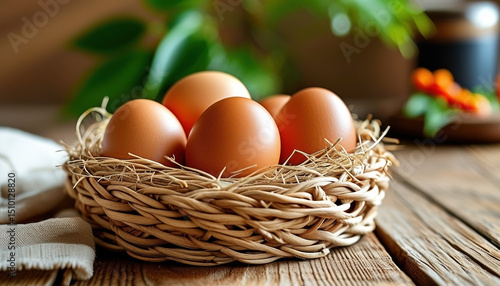 Free range brown eggs in woven basket on rustic wooden table with copy space